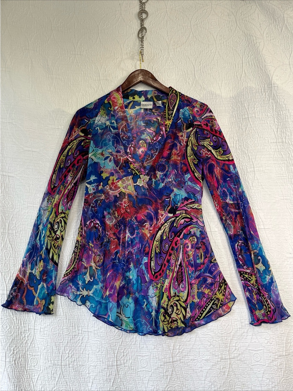Chicos Silk V Neck Blouse Size 1 Medium Sheer Tunic Shirt Groovy Boho Colorful M